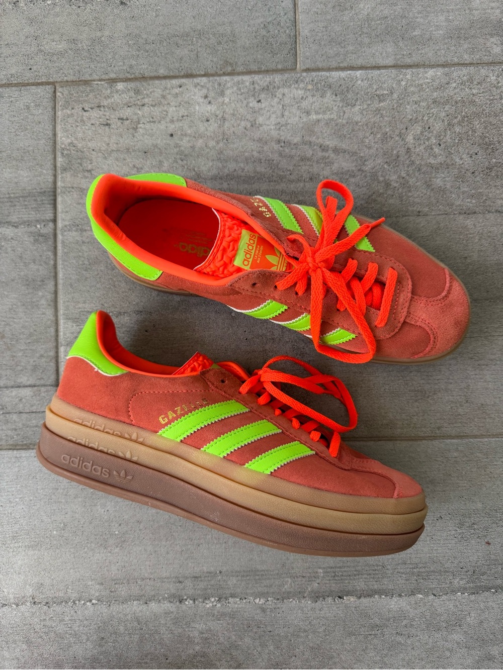 adidas Gazelle Platform Sneakers in Coral Orange & Neon Green